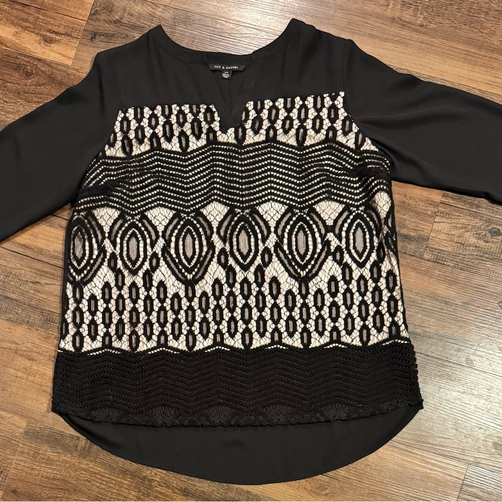 ZAC & RACHEL Women’s Large Black Embroidered Lace Overlay 3/4 Sleeve Blouse Top